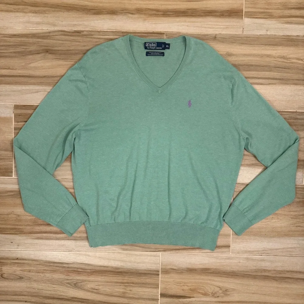 Polo Ralph Lauren Mint‎ Green Cotton Silk Cashmere V-Neck Sweater Mens XL